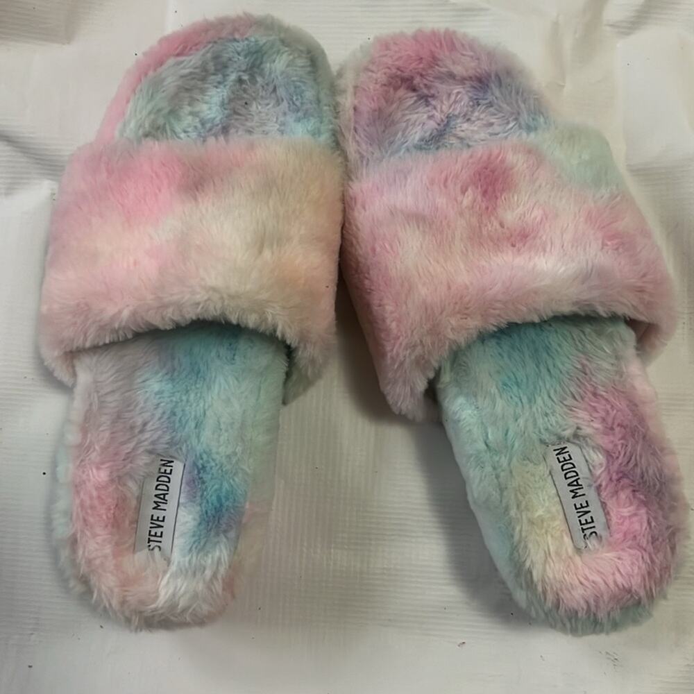 STEVE MADDEN FABFUZZ MULTI COLOR‎ FAUX FUR SLIPPER SIZE 10M